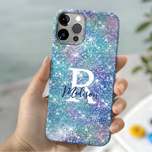 Coque Pour iPhone 15 Joli monogramme licorne iridescent bleu rose paill