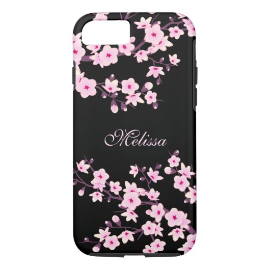 Coques Case-Mate iPhone Joli Monogramme noir rose Fleur de cerisier (Dos)