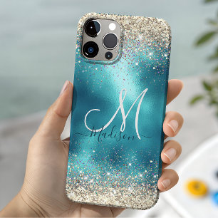 Case-Mate iPhone Case Joli monogramme pailleté faux or turquoise
