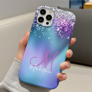 Case-Mate iPhone Case Joli monogramme pailleté faux turquoise violet