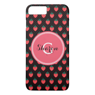 Coques Pour iPhone Joli motif de fraise noir rose monogramme féminin