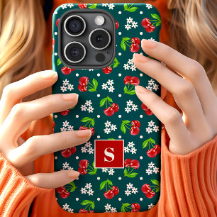 Coque Pour iPhone 15 Joli motif floral à pois Cerises Monogramme sarcel