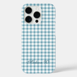 Coques iPhone 16 Pro Joli motif gingham bleu poussiéreux