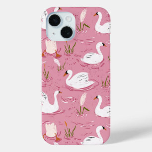 Coque Pour iPhone 15 Joli motif sans couture de cygne rose