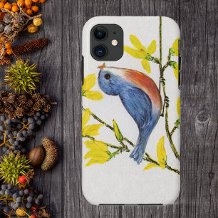 Coque iPhone 11 Joli oiseau bleu chantant sur une branche d'arbre