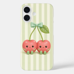 Coques iPhone 16 Joli paire de cerises Kawaii sur rayures vert saug