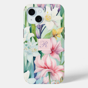 Coque Pour iPhone 15 Joli Pastel rose et blanc Monogramme de fleurs de 