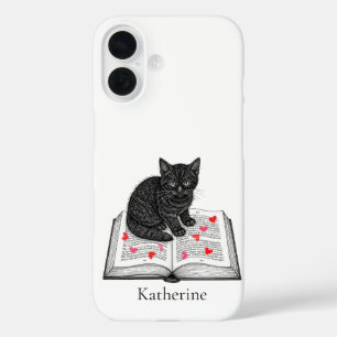 Coques iPhone 16 Joli petit chat noir sur un livre personnalisé ave