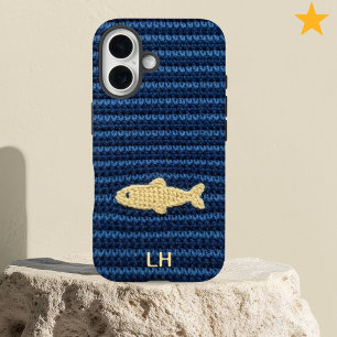 Coques iPhone 16 Joli Poisson Bleu au Crochet Fil Personnalisé