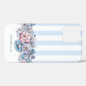 Coques Case-Mate iPhone Joli rose et bleu Fleurs et bandes avec nom (Verso (horizontal))