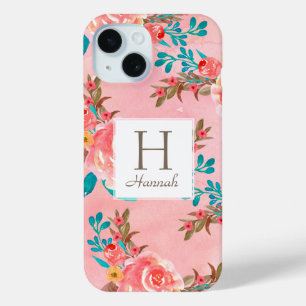Coque Pour iPhone 15 Joli rose Floral Monogramme rose Motif