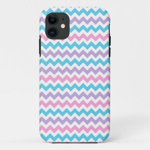 Coque iPhone 11 Joli Rose, Mauve, Turquoise, Chevrons Blancs