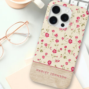 Coque iPhone 15 Pro Joli Shabby Personnalisé Chic Floral Bois Monogram