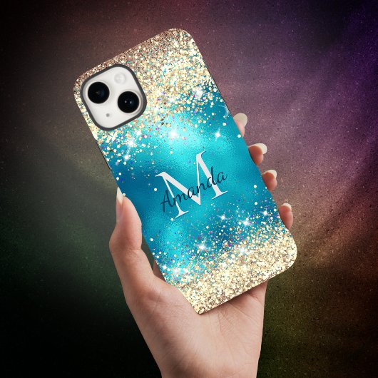 Coques Case-Mate iPhone Joli turquoise or faux parties scintillant monogra