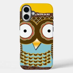 Coques iPhone 16 Plus Jolie Aqua colorée et hibou jaune