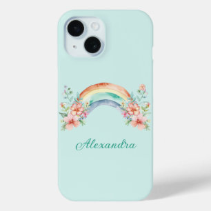 Coque Pour iPhone 15 Jolie aquarelle Fleurs et arc-en-ciel