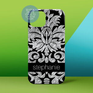 Coque Pour iPhone 15 Jolie dentelle Damask motif noir et blanc