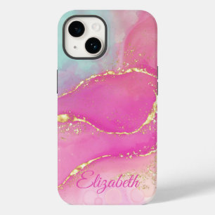 Coque Pour iPhone 14 Jolie encre abstraite, rose turquoise et or