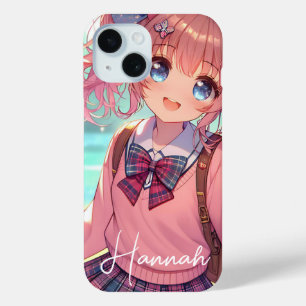 Coque Pour iPhone 15 Jolie fille Anime en Pigtails Roses