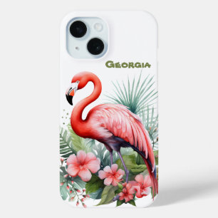 Coque Pour iPhone 15 Jolie plage rose flamingo ajouter nom