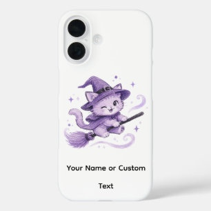 Coques iPhone 16 Jolie sorcière chat violet sur un balai Halloween
