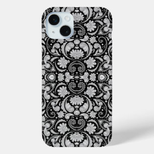 Coque iPhone 15 Mini Jolis motifs cachemire vintage noir et blanc