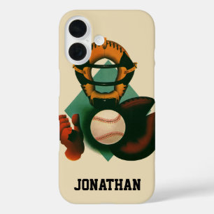 Coques iPhone 16 Joueur de baseball vintage, receveur avec gant