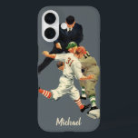 Coques iPhone 16 Joueurs vintages de baseball de sport en sécurité<br><div class="desc">Facile à customiser,  ajoutez simplement votre nom ! Illustration vintage conception de base-ball sportif avec des joueurs de baseball à l'ancienne jouant à un jeu. Il y a un juge-arbitre,  un attrapeur qui essaie d'attraper un baseball et un coureur qui le rend en sécurité à la base.</div>