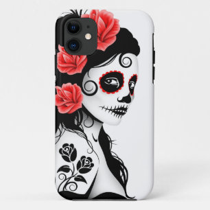 Coque iPhone 11 Jour de la fille morte de crâne de sucre - blanc