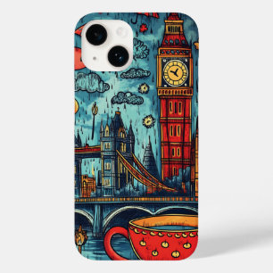 Coque Pour iPhone 14 Journée pluvieuse à Londres, illustration colorée