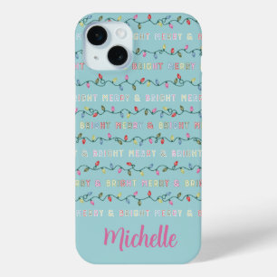 Coque iPhone 15 Mini Joyeux et Bleu clair lumières de Noël