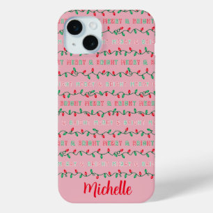Coque iPhone 15 Mini Joyeux et brillants feux de Noël rose