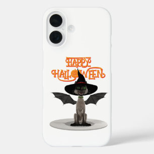 Coques iPhone 16 Joyeux Halloween. Chat avec ailes et casquette de 