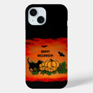 Coque Pour iPhone 15 Joyeux Halloween, Chat Noir, Chauve-souris et Citr