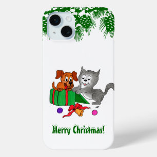 Coque iPhone 15 Mini Joyeux Noël avec chat et chiot
