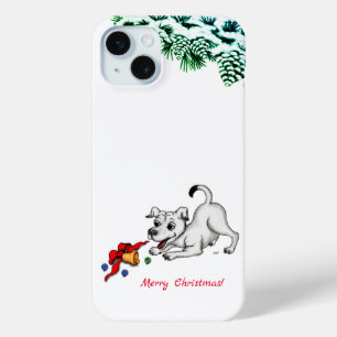 Coque iPhone 15 Mini Joyeux Noël ! Chiot avec Bell et Ball