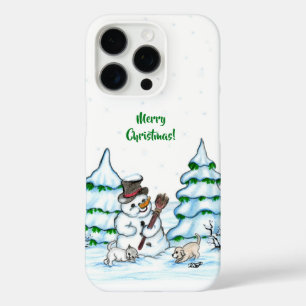Coques iPhone 16 Pro Joyeux Noël ! Snowman avec chat et chiot