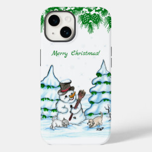 Coque Pour iPhone 14 Joyeux Noël ! Snowman avec chat et chiot