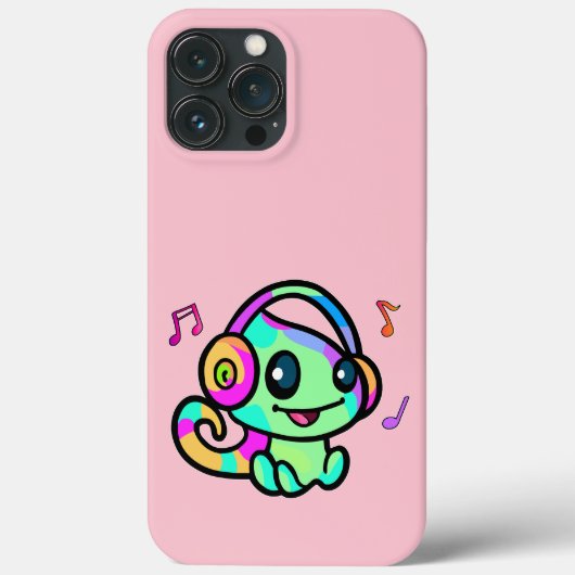 Coques Case-Mate iPhone Joyeux petit caméléon souriant avec casque. (Verso)