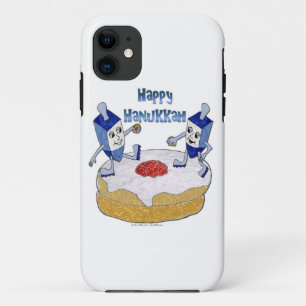 Coque iPhone 11 Judaica Joyeux Hanukkah Dreidels Dansants Beignet