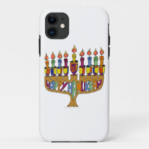 Coque iPhone 11 Judaica Joyeux Hanukkah Toupie Menorah