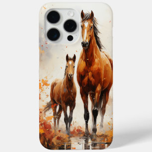 Coque iPhone 15 Pro Max Jument et poulain dans les feuilles d'automne