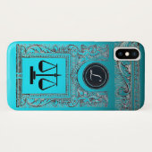 Coques Case-Mate iPhone JUSTICE BUREAU JURIDIQUE, PROCUREUR Monogramme ble (Dos (Horizontal))