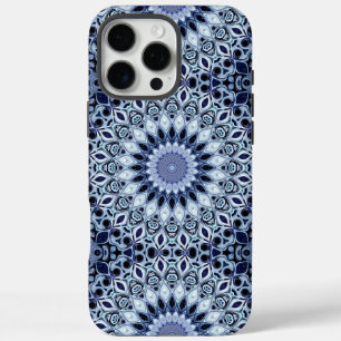 Coques iPhone 16 Pro Max Kaleidoscope Mandala Motif Bleu et Blanc