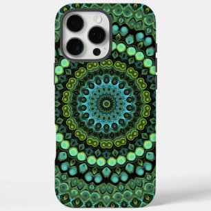 Coques iPhone 16 Pro Max Kaleidoscope vert et Turquoise Mandala Motif