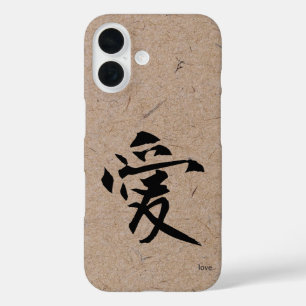 Coques iPhone 16 Kanji japonais pour l'amour sur papier Washi Brown