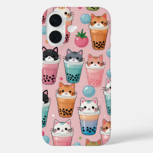Coques iPhone 16 Kawaii Bubble Tea Cats Motif sans couture