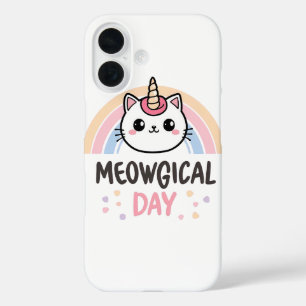 Coques iPhone 16 Kawaii Caticorn avec Arc-en-ciel Pastel