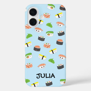 Coques iPhone 16 Kawaii personnalisé, illustration sushi bleu migno