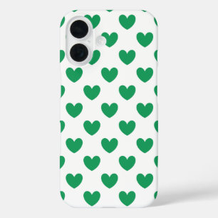 Coques iPhone 16 Kelly Coeurs polka vert sur blanc